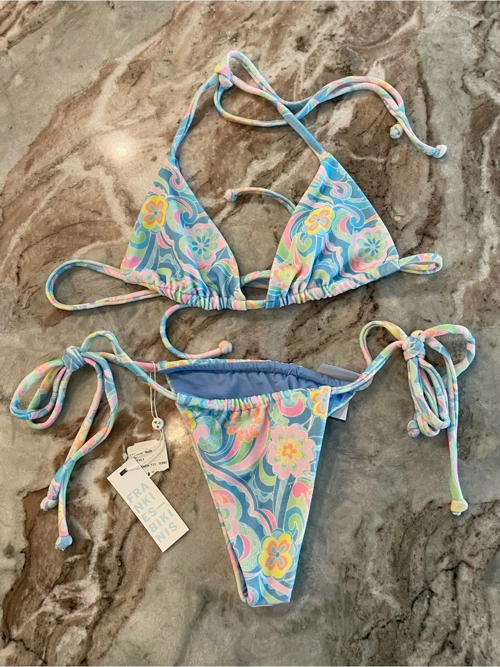 Frankies Bikinis Sunshower Tia Terry Cloth Triangle Bikini Cheeky Floral Medium